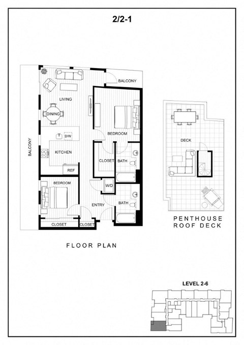 Floor plan for 2 beds, 2 baths, 985 sqft